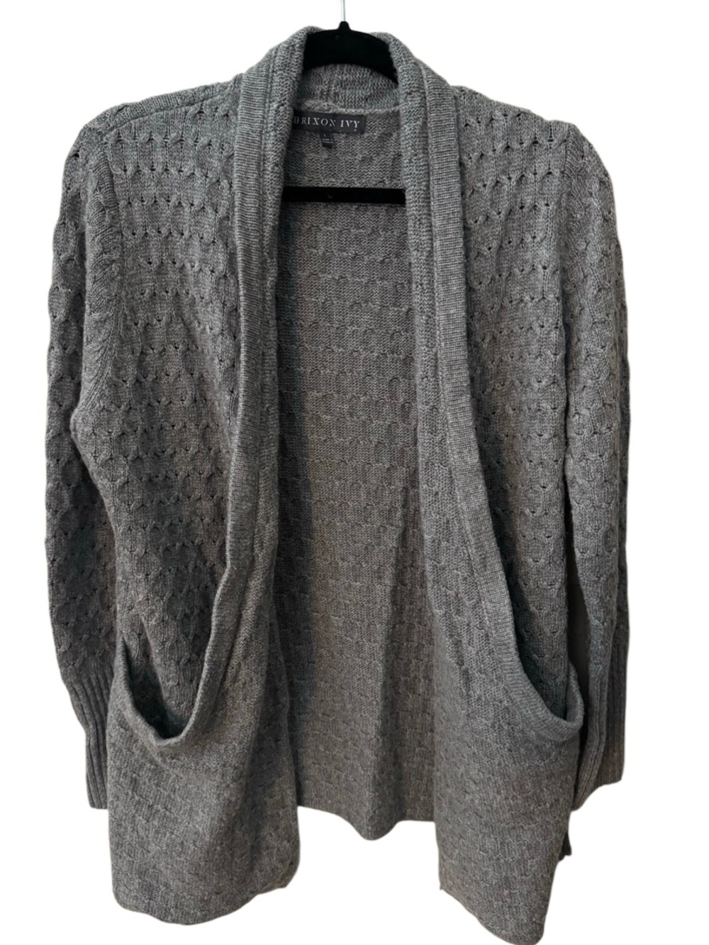 Brixton Ivy Gray Angora Blend Open Front Cardigan Sweater Large Textured Knit - Picture 2 of 9